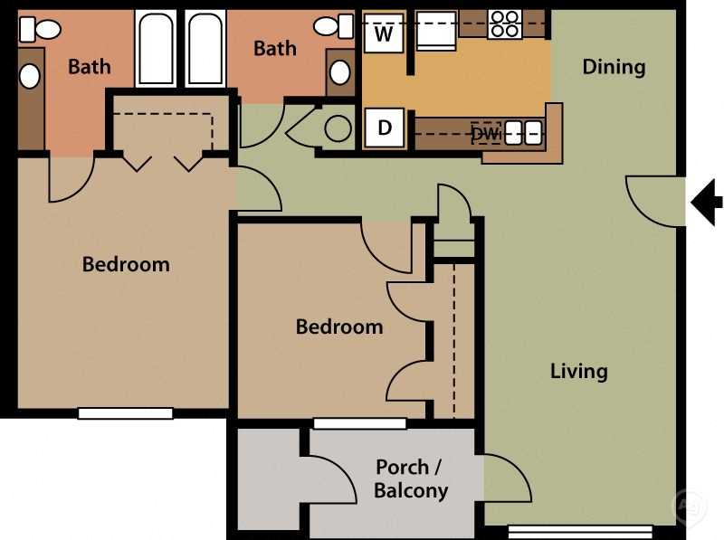 Floor plan for 2 beds, 2 baths, 1270 sqft